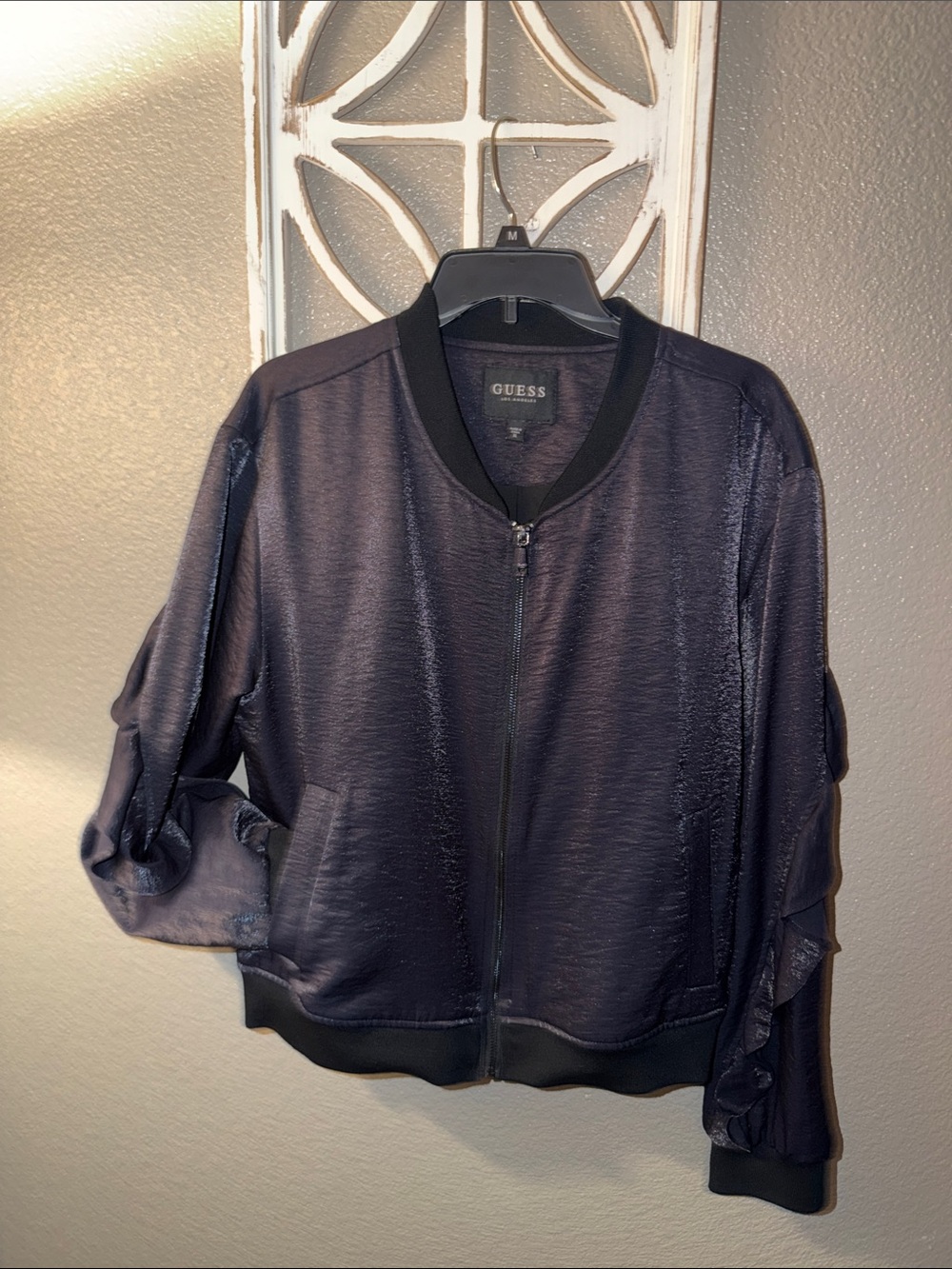 GUESS Navy Shimmer Bomber Jacket